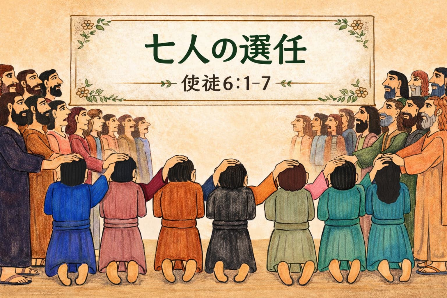 七人の男性がひざまずき、使徒たちが両手を彼らの頭に置いて祈っている様子。背景には多くの信徒たちが見守る中、「七人の選任｜使徒6:1-7」と書かれた巻物風のバナーが中央に配置された横長のイラスト。