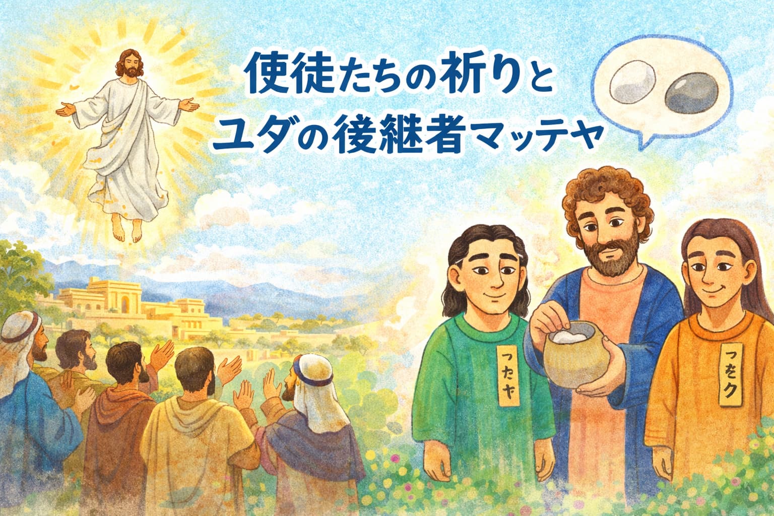 イエスの昇天を見上げる弟子たちと、祈りのうちにユダの後継者マッテヤをくじで選ぶ場面を描いた温かなイラスト
