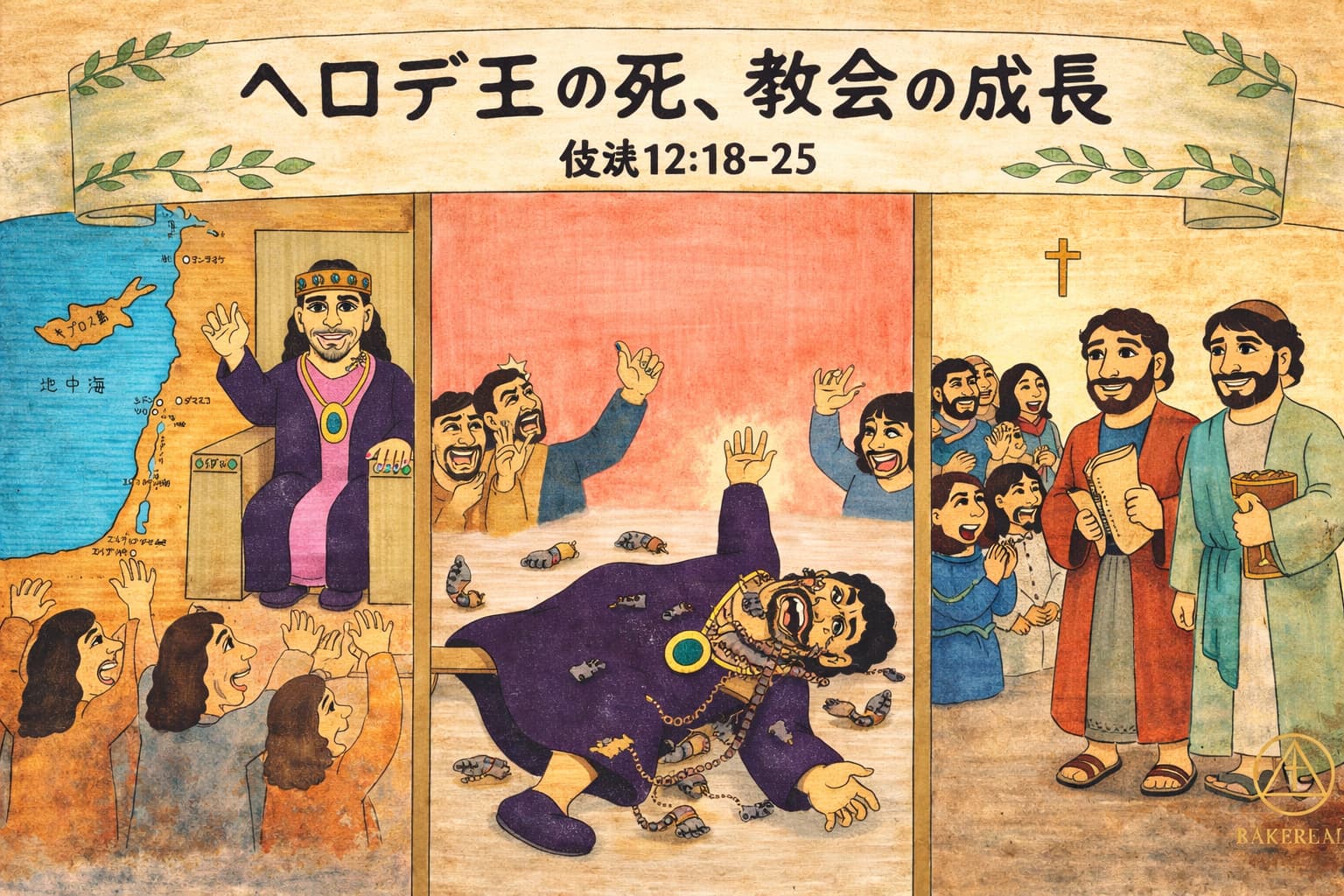 ヘロデ王が神の栄光を奪おうとして裁かれ、教会が成長していく様子を描いた聖書イラスト
