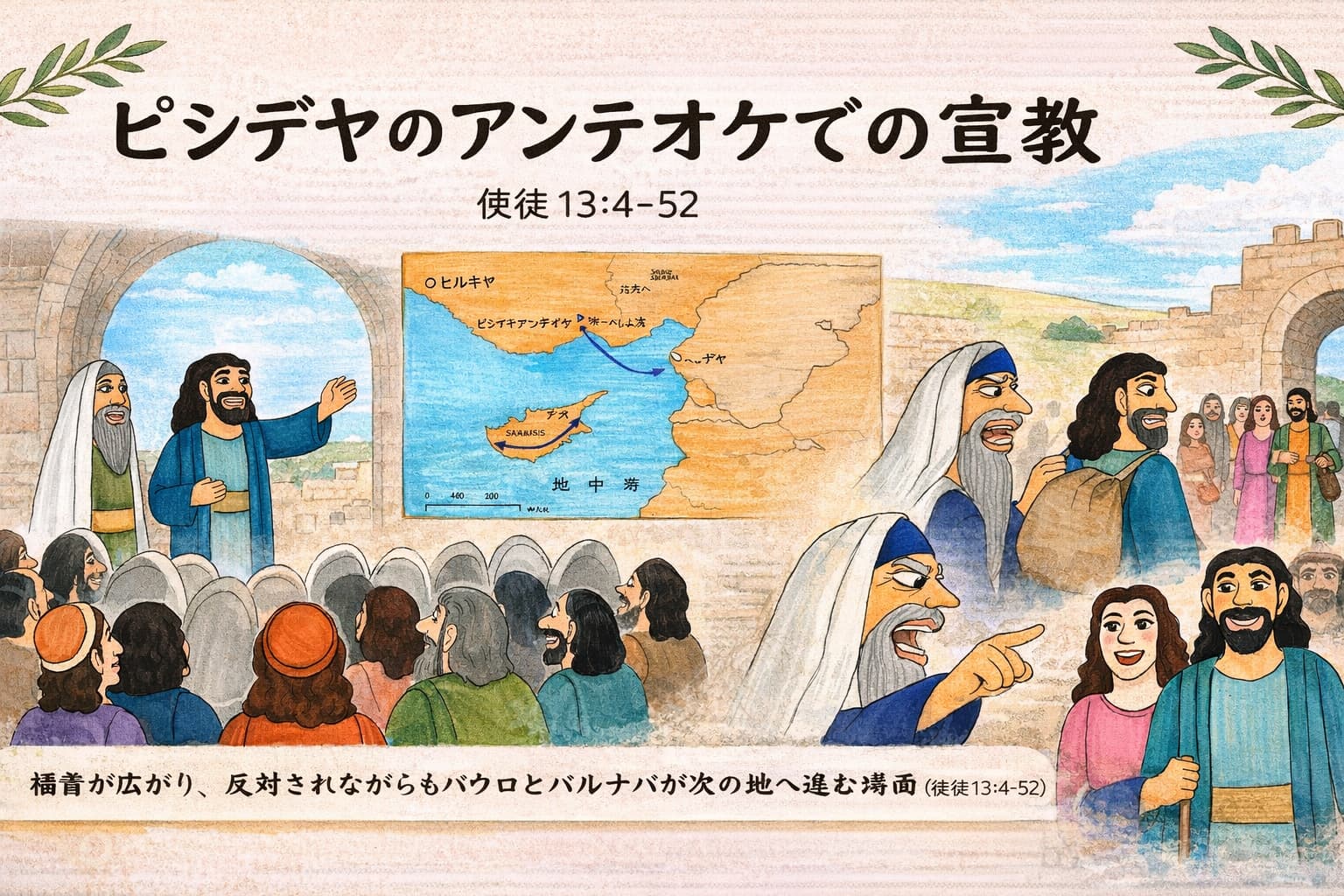 ピシデヤのアンテオケの会堂でパウロが福音を語り、人々の間に喜びと反対が起こりつつ、バルナバとともに次の地へ進んでいく様子を描いた聖書イラスト