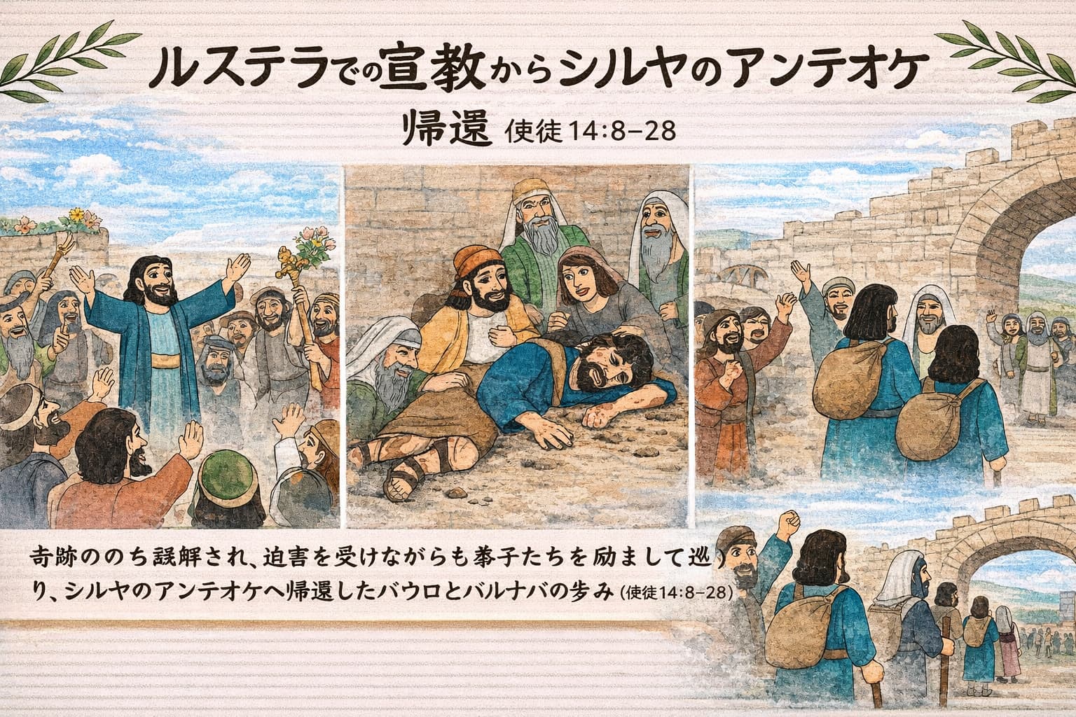 ルステラでのいやしの奇跡、迫害を受けながらも弟子たちを励まし、シルヤのアンテオケへ帰還するパウロとバルナバの宣教の歩みを描いたイラスト