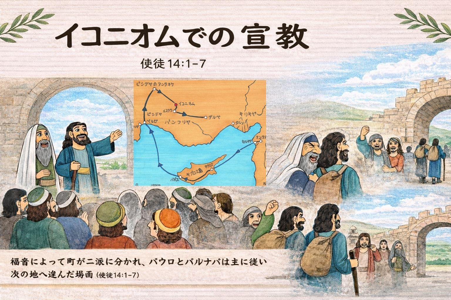 イコニオムでパウロとバルナバが会堂で福音を語り、多くの人が信じる一方、町が二派に分かれて反対が起こり、主に従って次の地へ向かう場面を描いた聖書イラスト