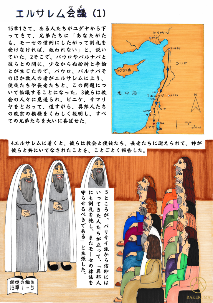 割礼と救いをめぐる問題について、パウロとバルナバがエルサレムで使徒や長老たちと話し合うエルサレム会議の様子を描いたイラスト