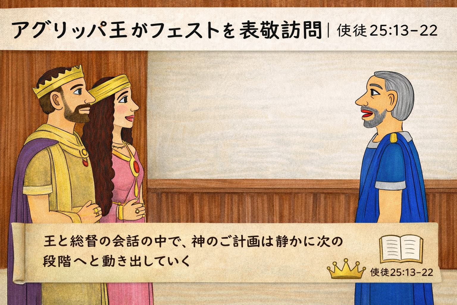 アグリッパ王とベルニケが並んで立ち、フェスト総督と向き合って表敬訪問を行う場面。王族と総督の会話を通して、囚われの身にあるパウロの行く先が語られようとしている緊張感が描かれている。
