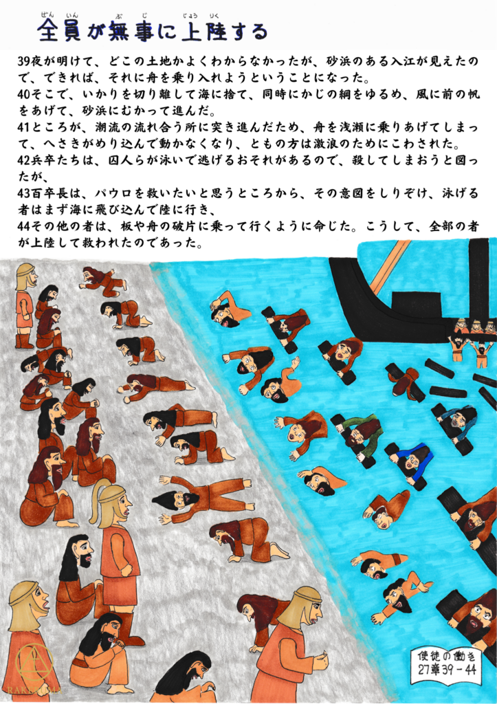 嵐で難破した船から、人々が泳いだり板切れにつかまったりして岸へ上陸し、全員が無事に救われた場面を描いたイラスト。