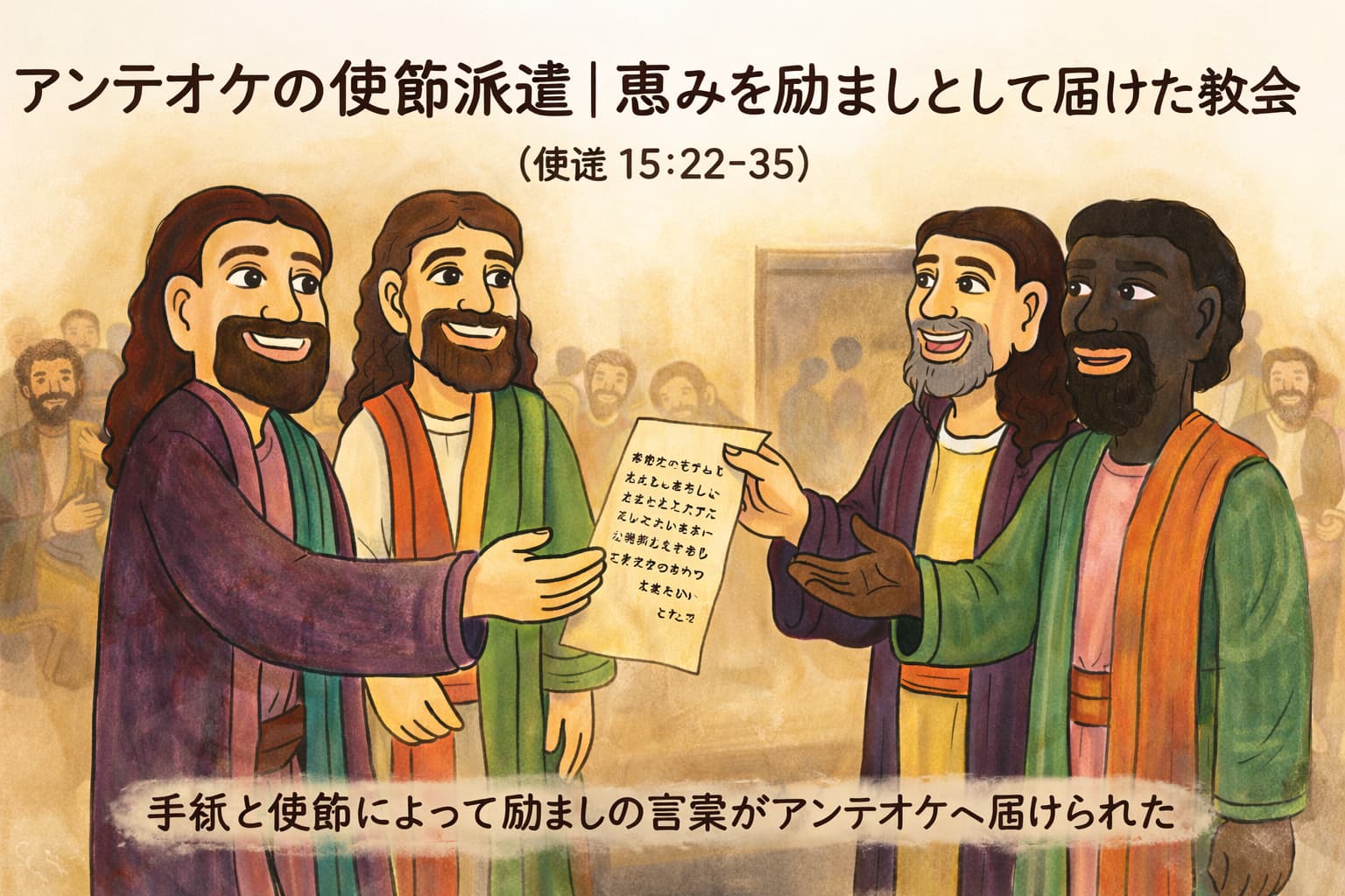 アンテオケの教会に使節が派遣され、パウロとバルナバが手紙を受け取り、恵みと励ましの言葉が届けられる場面のイラスト