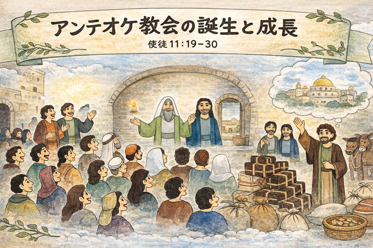 アンテオケ教会の誕生と成長を描いたイラスト。バルナバとサウロが人々に教え、援助物資をロバに積んで運ぶ場面も描かれている。
