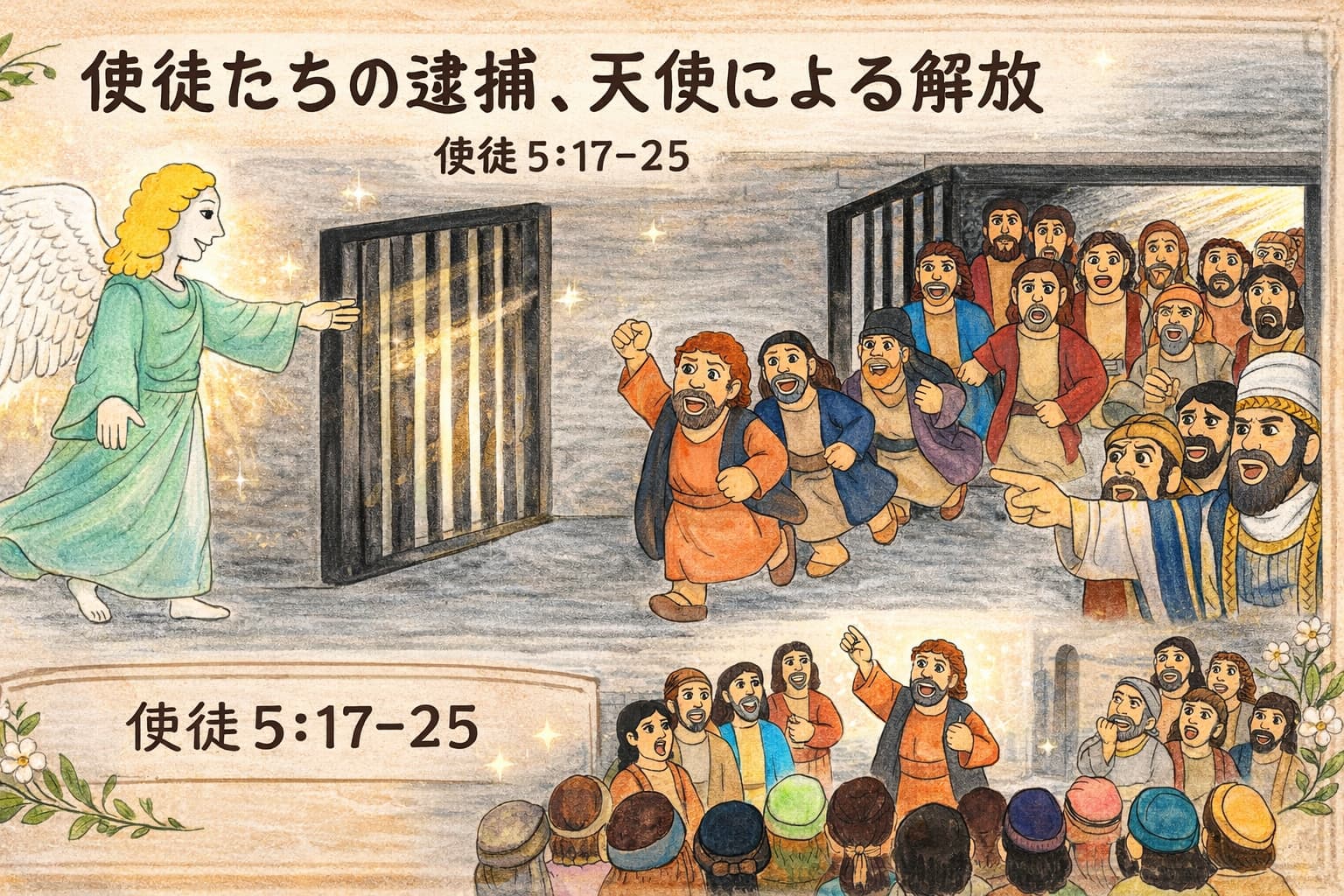 牢の扉を開く天使と、喜びに満ちて外へ出る使徒たち。その様子を驚きながら見つめる大祭司たちと、人々に福音を語る弟子たちを描いた、温かみのある横長のイラスト。