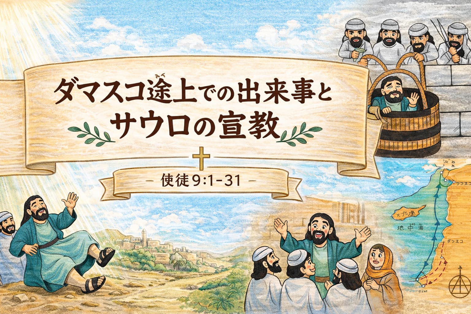 サウロが天からの光に打たれ倒れる場面、弟子たちに囲まれ祈られる様子、宣教旅行の地図が描かれた聖書イラスト