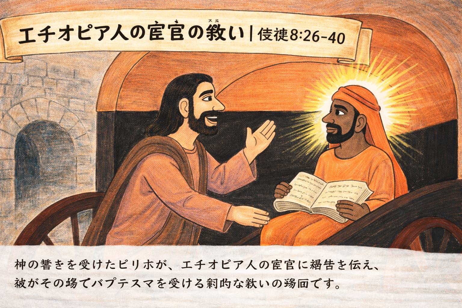 エチオピア人の宦官が馬車の中でピリポから聖書の解き明かしを受け、喜びのうちに水の中でバプテスマを受ける場面を描いたイラスト。