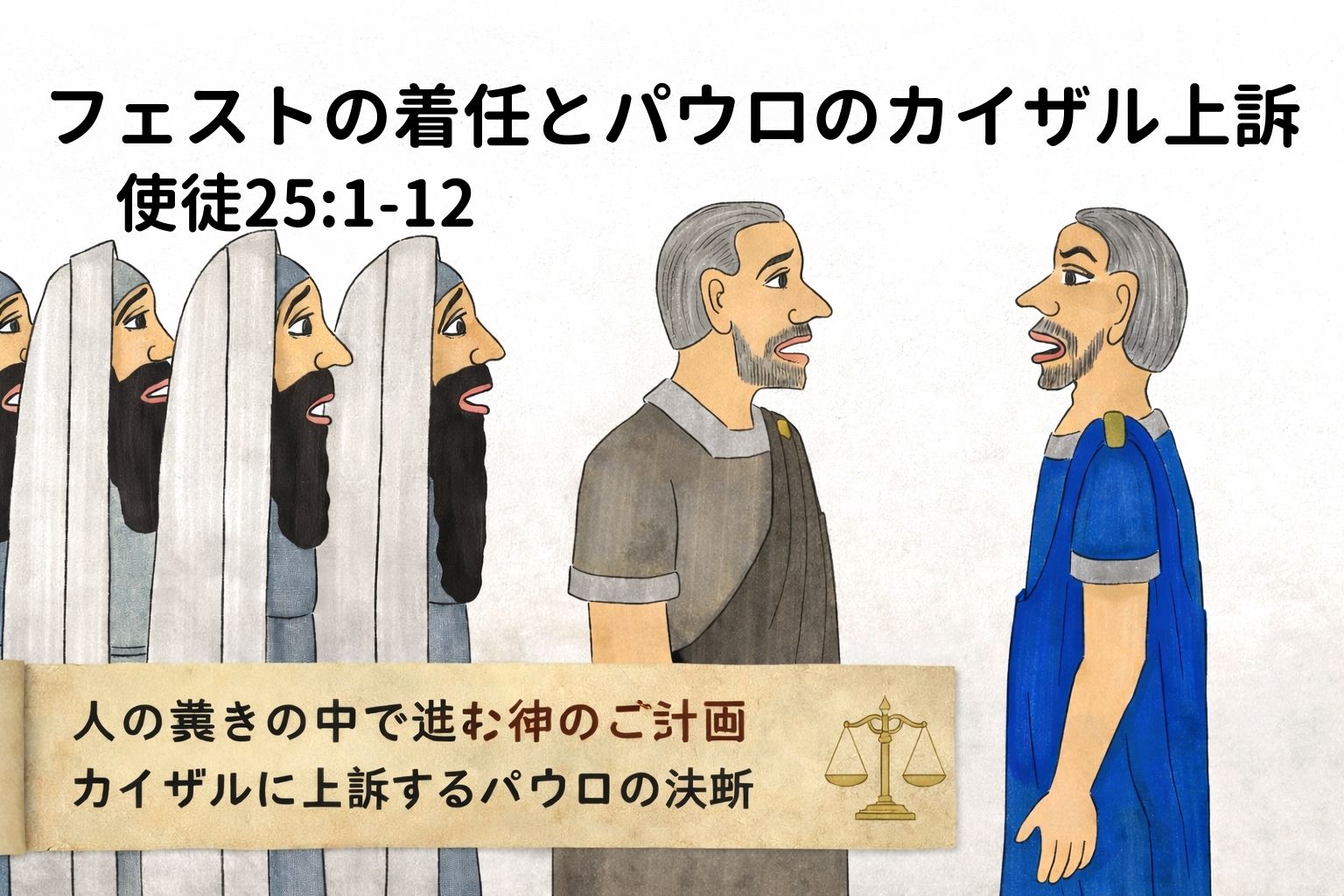 フェスト総督の前で、ユダヤ人たちから訴えを受けながらも、落ち着いて語り、カイザルへの上訴を申し出るパウロの姿。人の思惑が交錯する法廷の緊張感が描かれている。