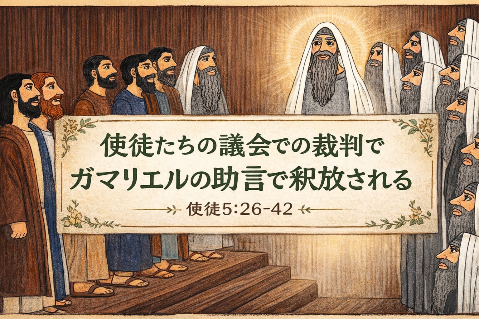 ガマリエルが議会で助言を語る中心に描かれ、左右に使徒たちと宗教指導者たちが向かい合って並ぶ場面。「使徒5:26-42」のタイトルが中央の巻物風バナーに記されている横長のイラスト。
