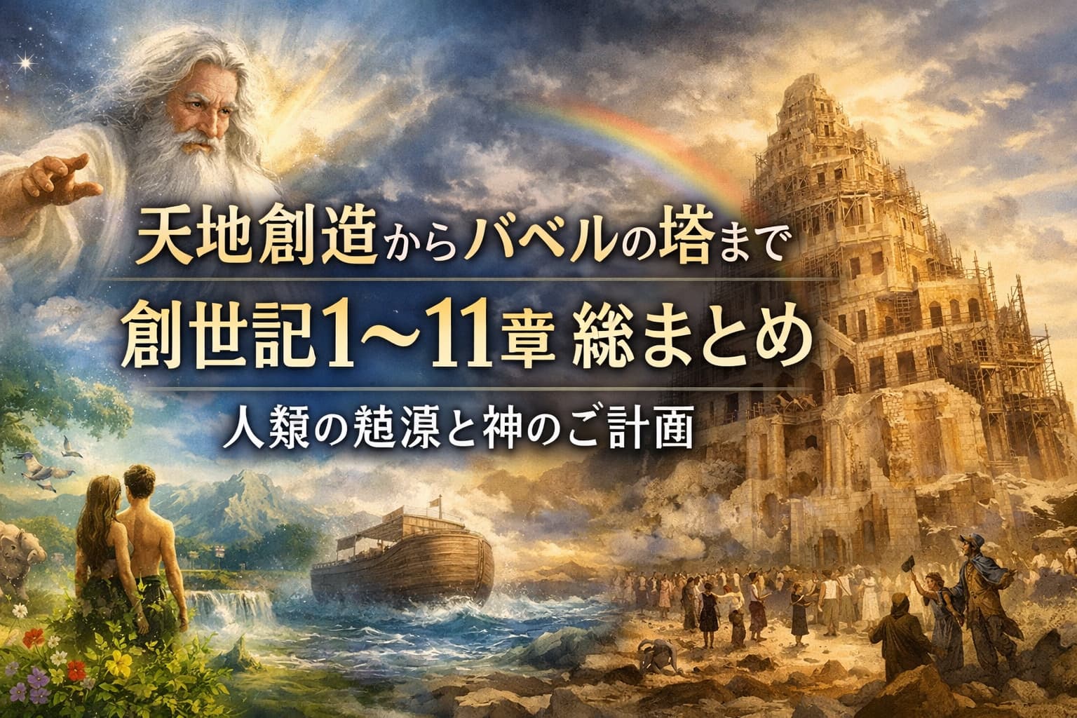 天地創造からバベルの塔までを描いた創世記1〜11章のまとめイメージ。神の創造と人類の起源、救いのご計画を象徴する原画風ビジュアル