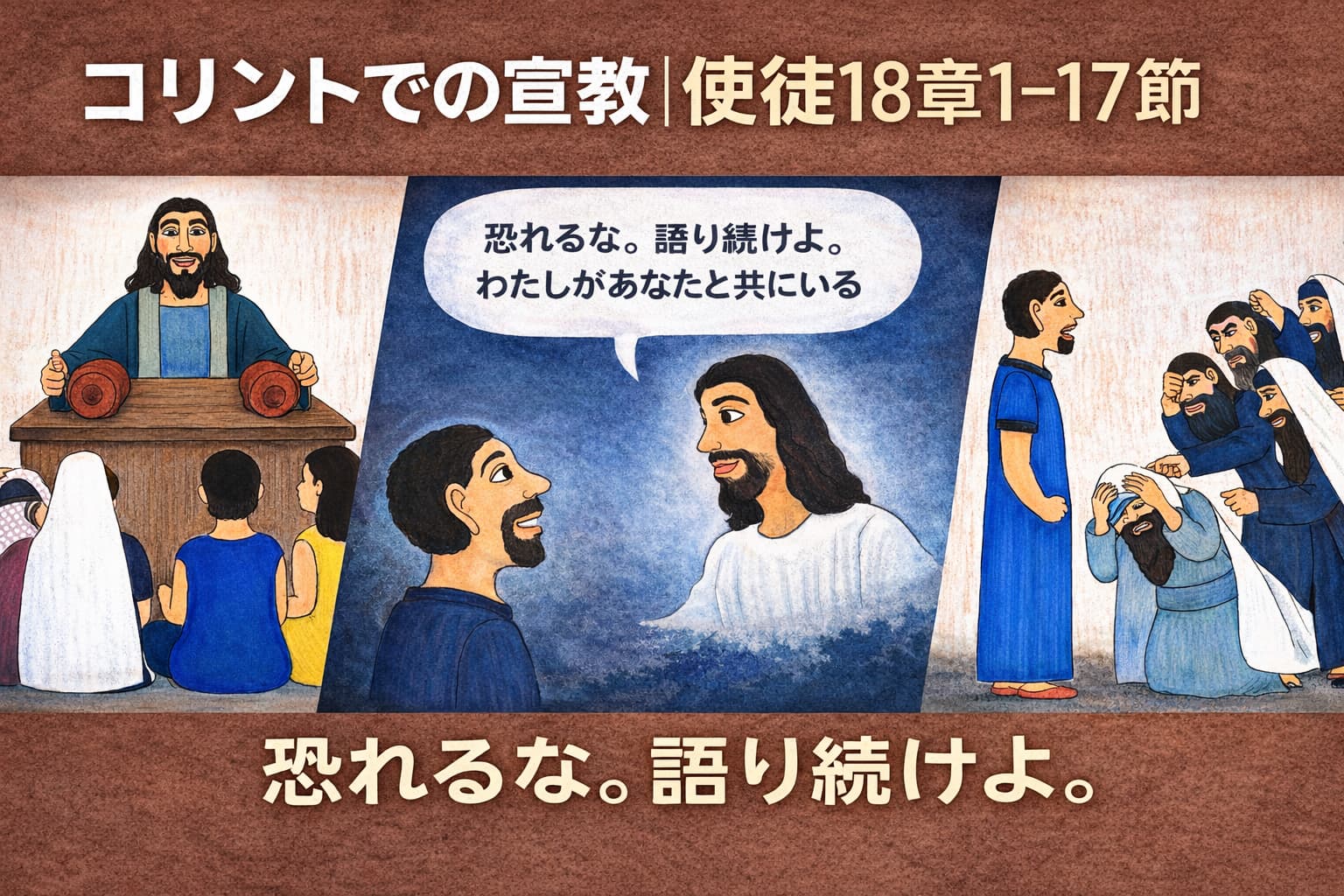 使徒18章1-17節に基づき、コリントで宣教するパウロ、幻の中で励まされる場面、迫害と守りの出来事を描いた横長の聖書イラスト。