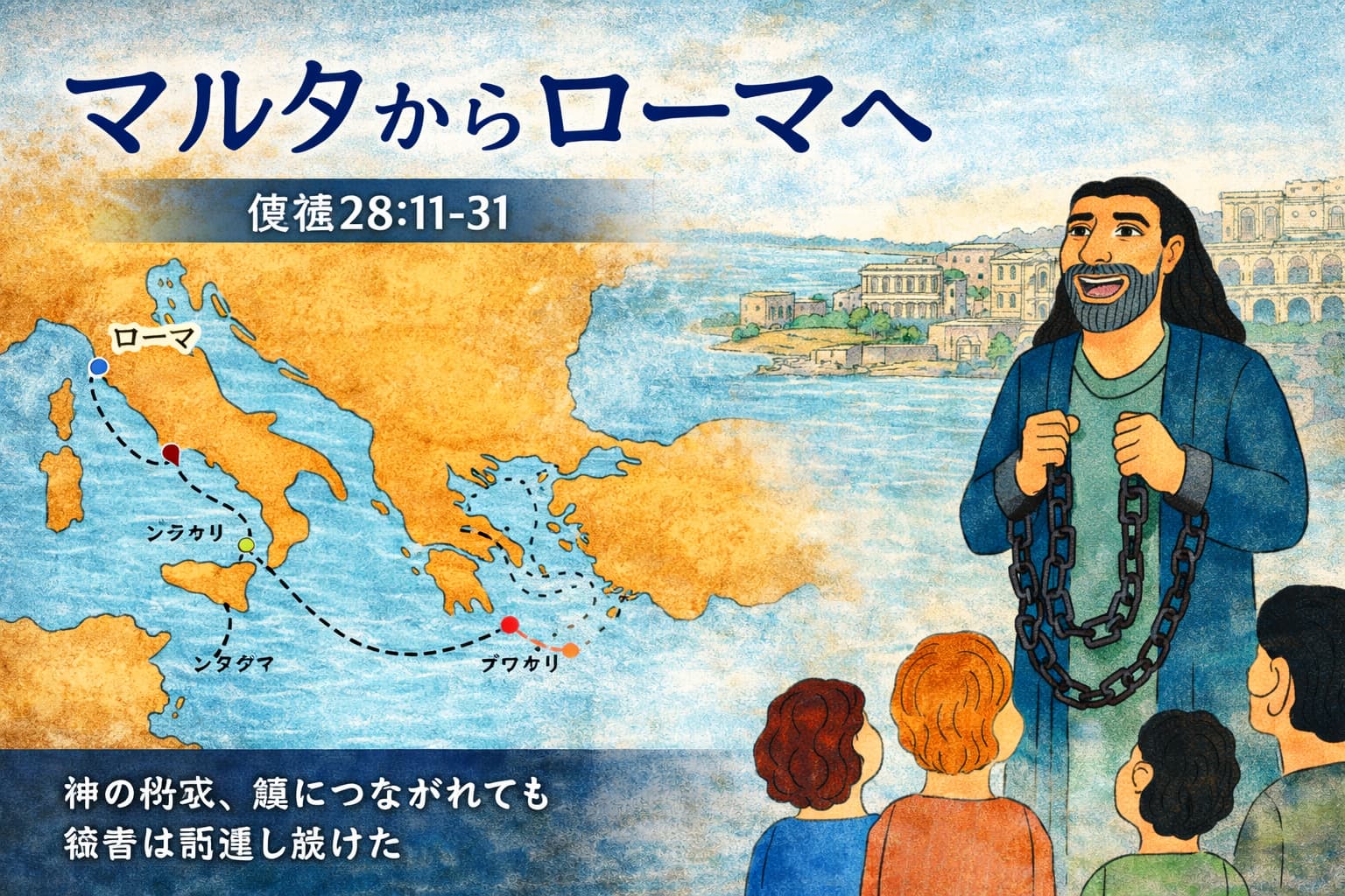 鎖につながれながらも希望に満ちた表情で人々に語りかけるパウロと、マルタ島からローマへの航路を示す地図のイラスト