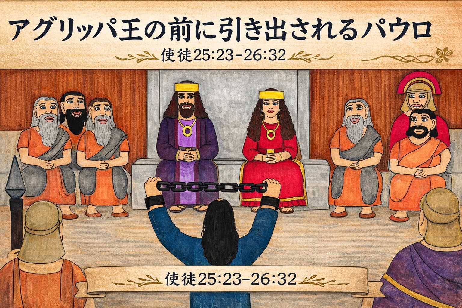 アグリッパ王とベルニケ、総督フェスト、重立った人々の前で、鎖につながれたパウロが両手を挙げ、復活の主イエスへの信仰と救いの希望を力強く証ししている場面。