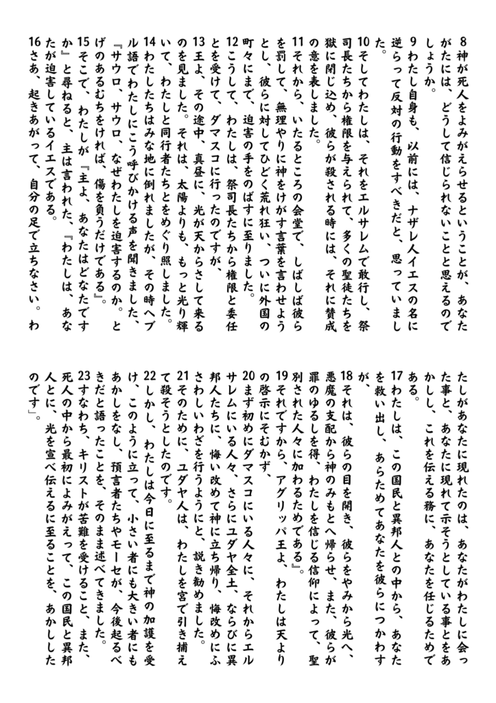 かつてキリスト者を迫害していたパウロが、復活の主イエスと出会い、光に照らされて回心し、異邦人への使命を与えられた出来事を語り証ししている場面を描いた原画。