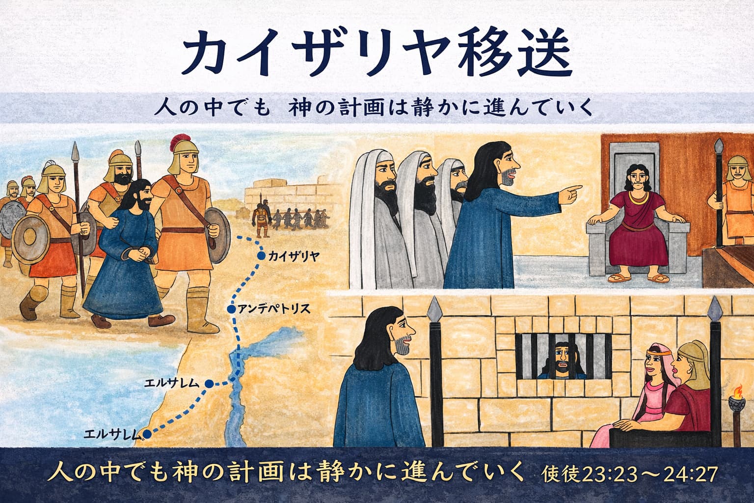 厳重な護衛のもとでパウロがエルサレムからカイザリヤへ移送され、総督の前で訴えと弁明が行われ、なお牢に留め置かれるまでの一連の出来事を描いた横長の挿絵。
