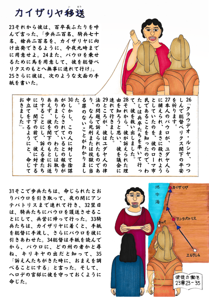 ローマの千卒長が兵士たちに命じ、パウロを夜のうちに厳重な護衛とともにカイザリヤへ移送する様子と、総督ペリクスに宛てた書簡の内容、移送経路の地図を描いた挿絵。