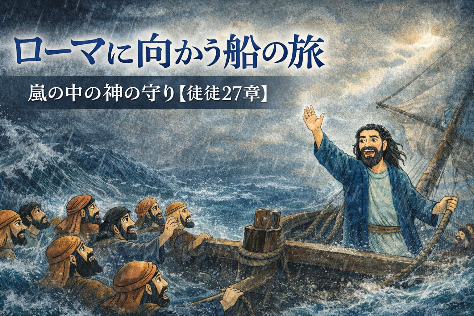 嵐の中、船の上で手を挙げて人々を励ますパウロと、荒れ狂う海に囲まれながらも神の守りに希望を見出す人々の姿を描いたイラスト