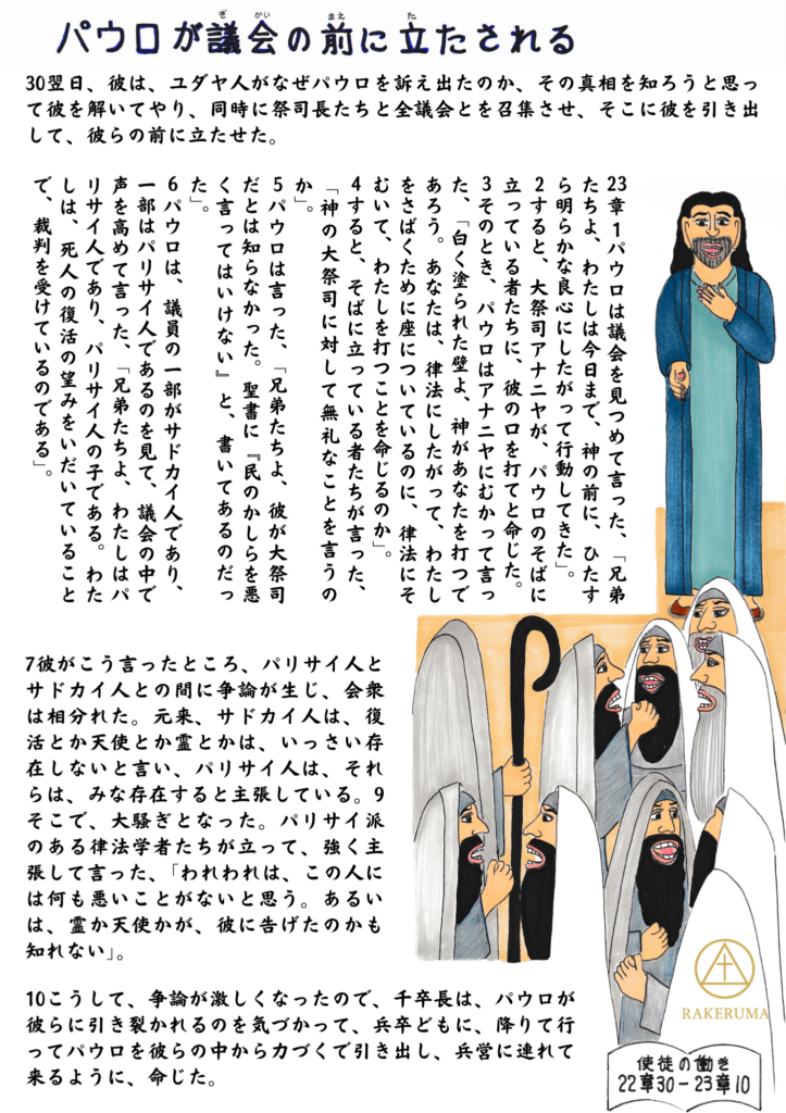 パウロが議会の前に立ち、神への信仰と復活の希望を語る中で、パリサイ人とサドカイ人の間に激しい議論が起こり、場が混乱していく様子を描いた原画。