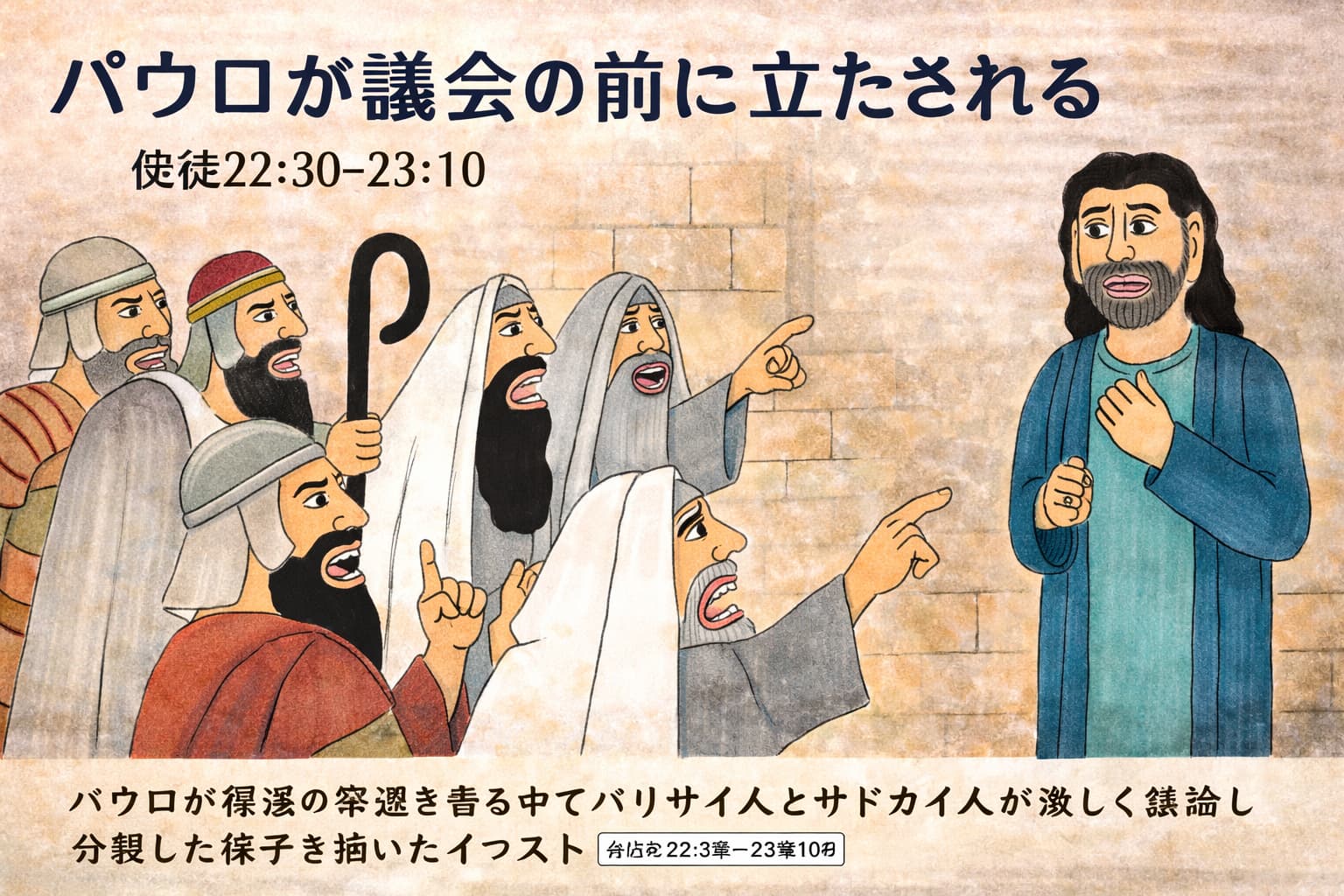 議会の前に立つパウロが復活の希望について証しを語る中、パリサイ人とサドカイ人が激しく議論し、場が分裂していく様子を描いた横長の原画。