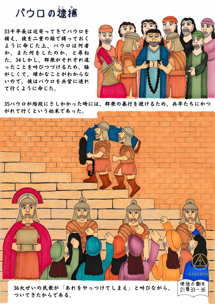 ローマの千人隊長の命令で、兵士たちがパウロを二重の鎖で縛り、暴れる群衆から守るために担いで階段を上って連行していく様子を描いた絵。