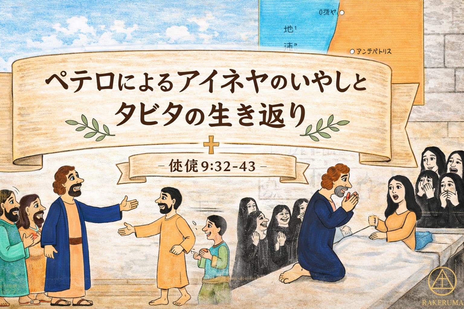 ペテロが中風のアイネヤを癒し、人々がそれを見て主に立ち返る様子と、死から生き返ったタビタと喜ぶ女性たち、ペテロが人々の中心で語る場面のイラスト