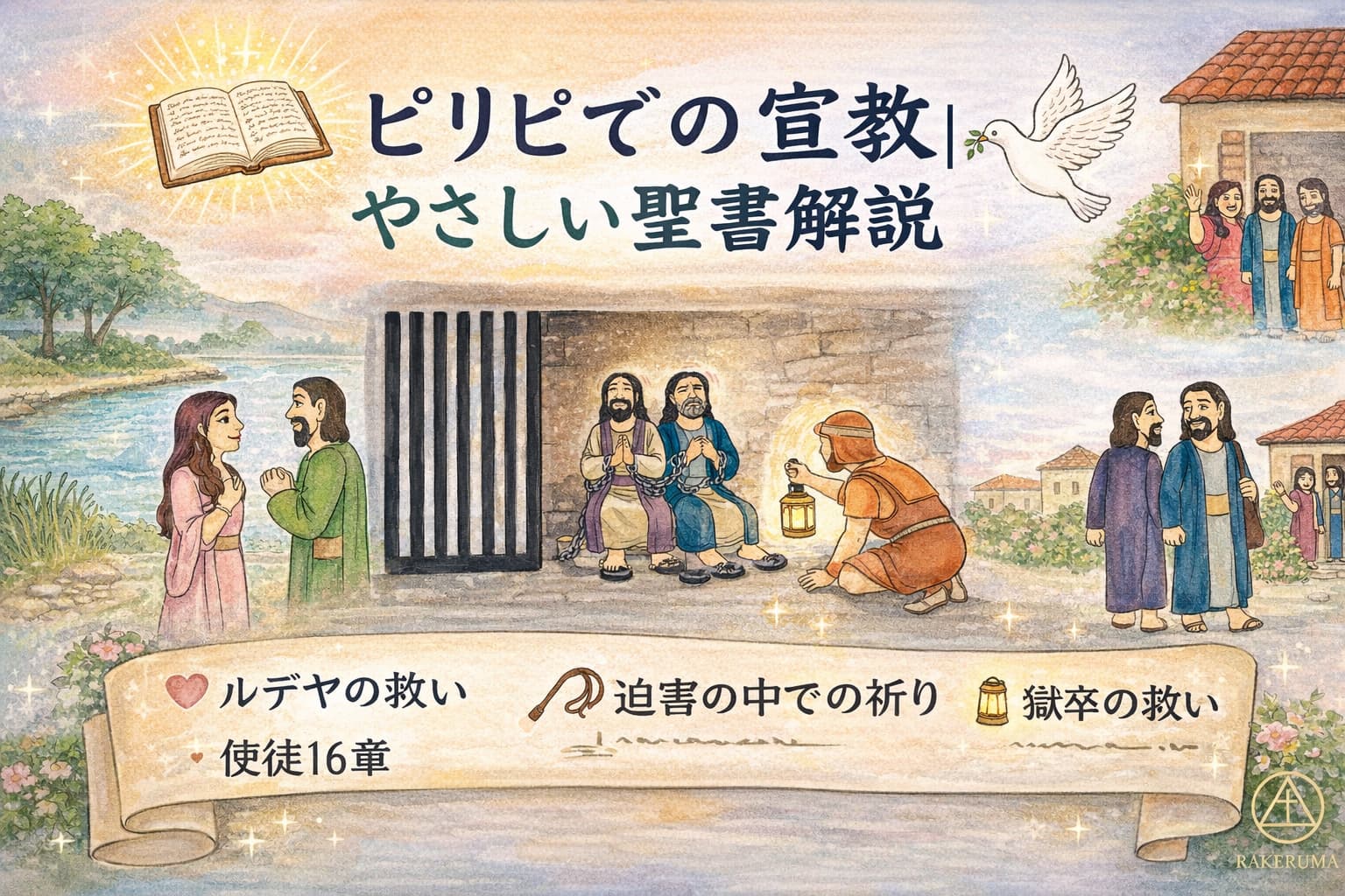 ピリピで宣教するパウロとシラス、川辺で救われたルデヤ、獄中で祈り賛美する二人、獄卒とその家族が救われるまでの出来事をやさしいイラストで描いた横長の原画。