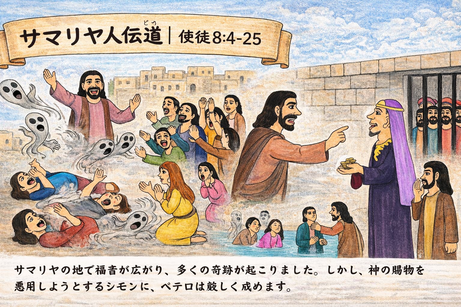 サマリヤの町でピリポが群衆に福音を語る場面と、バプテスマを受ける人々、使徒たちが手を置いて祈る様子、魔術師シモンの登場など、使徒8章4〜25節の出来事が描かれている。