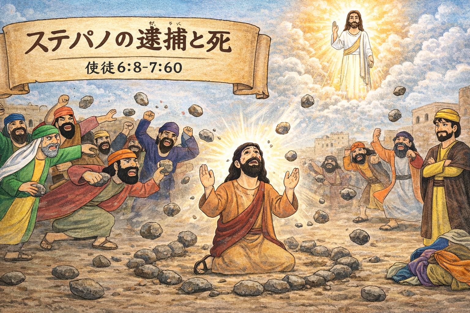 群衆に囲まれて石を投げられながらも、光に包まれて天を見上げるステパノの姿。上空には雲と光に満ちたイエスが立っておられ、画面右にはサウロが腕を組みながら衣を預かって立っている。使徒6:8〜7:60のステパノの殉教を描いた横長イラスト。