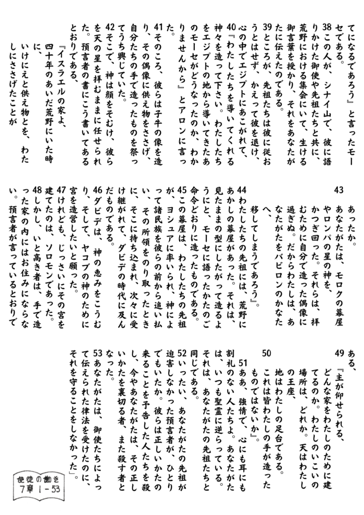 ステパノがイスラエルの偶像礼拝と背きの歴史、そして預言者たちを迫害してきた民の姿を語り、議会に対して力強く訴える場面。文字中心のページで、使徒の働き7章38〜53節に基づく。