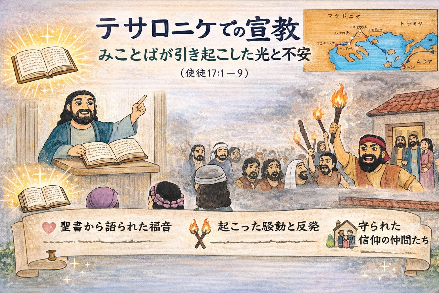 テサロニケでパウロが会堂で聖書を開き、イエスがキリストであることを語る一方、福音に不安を覚えた人々が騒動を起こし、信じる仲間たちが守られていく様子を描いた横長の原画。