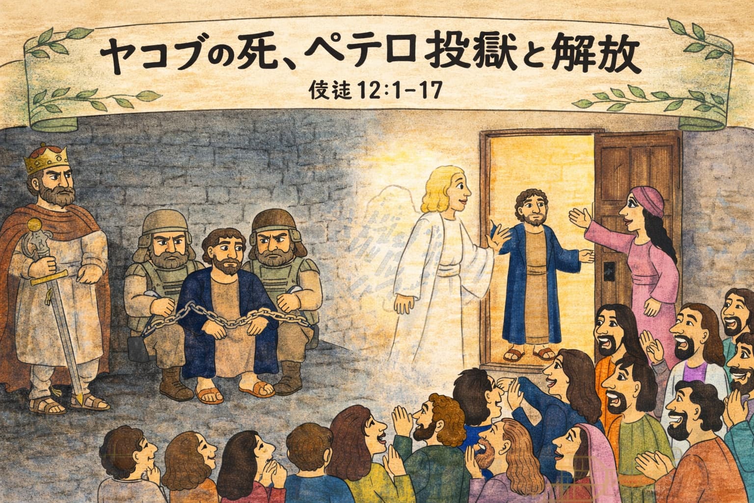 ペテロが牢から解放され、教会の人々と再会して喜び合う様子を描いたイラスト。背景には牢屋の鉄格子や祈る人々の姿も。