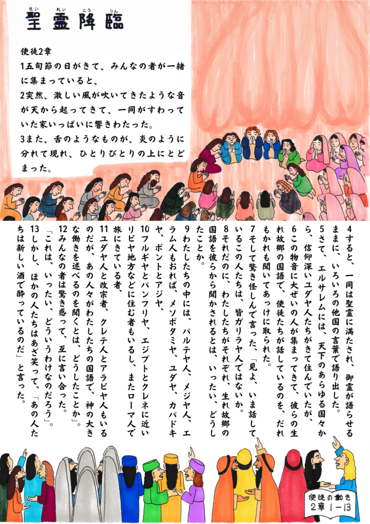 弟子たちが集まって祈っていると、天から激しい風の音が響き、炎のような舌が現れて人々の上にとどまる様子。その後、人々がさまざまな国の言葉で語り出し、驚く群衆の姿が描かれている。