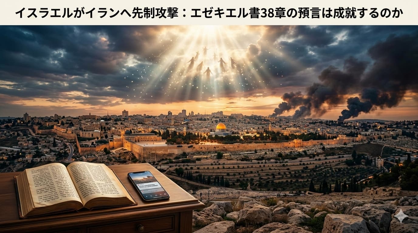 エルサレムの街並みを背景に、遠くで上がる戦火の黒煙と、空から差し込む神々しい光の中へ引き上げられていく人々の姿（携挙）。手前には開かれた聖書とスマートフォンが置かれている。