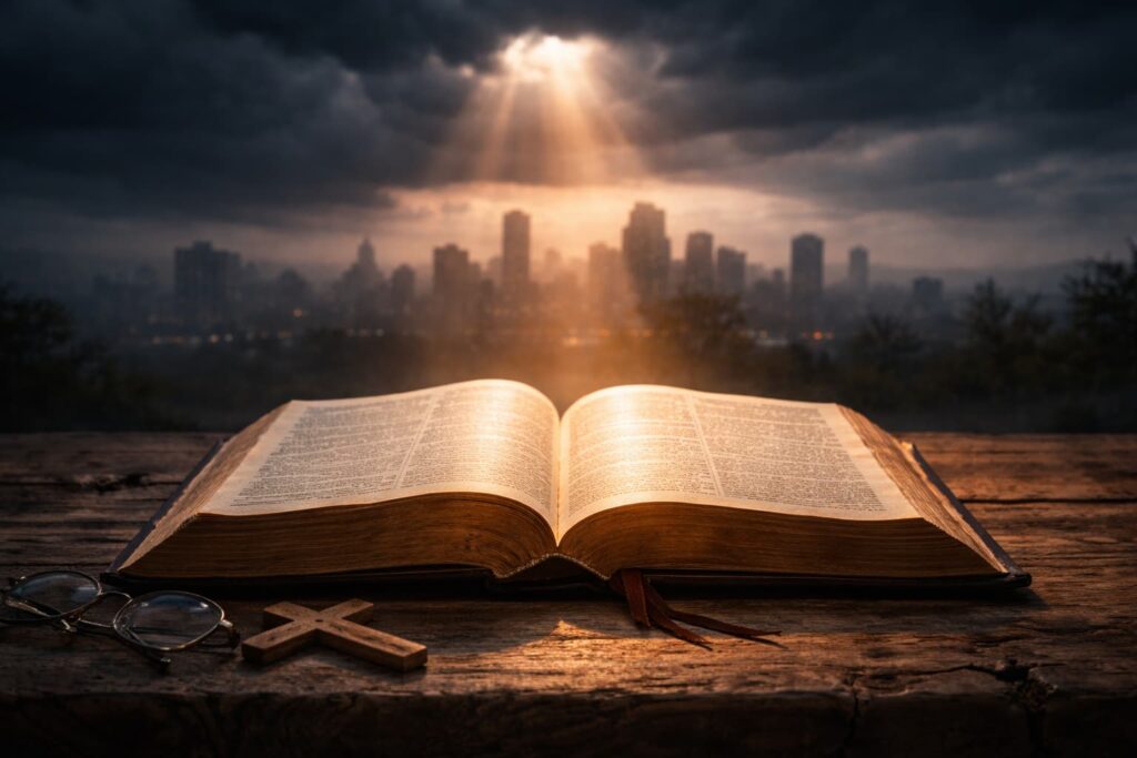 暗い空と都市のシルエットを背景に、光に照らされた開かれた聖書が真実を示す象徴的な光景
