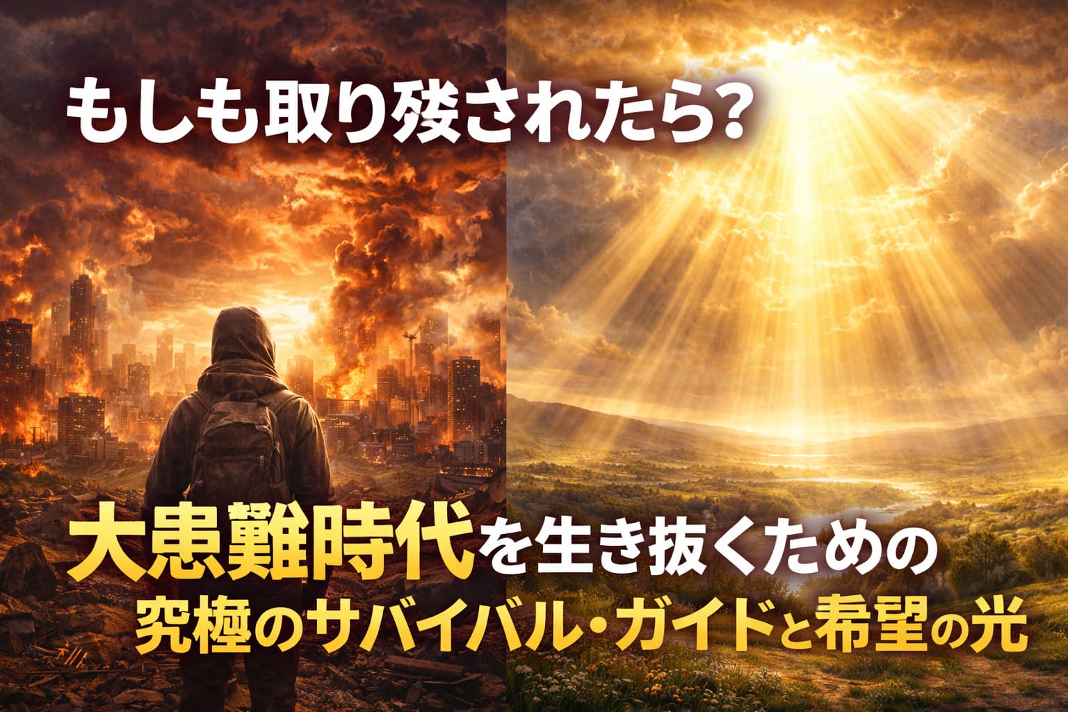 崩壊した都市と黄金の光に包まれた大地を対比し、大患難時代と希望を象徴するサバイバルガイドのアイキャッチ画像