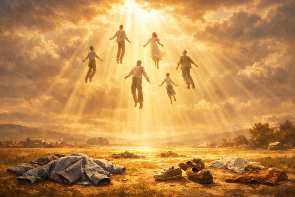 黄金の光に包まれた空へ、人々が平安な表情で天に引き上げられていく携挙の神聖な光景