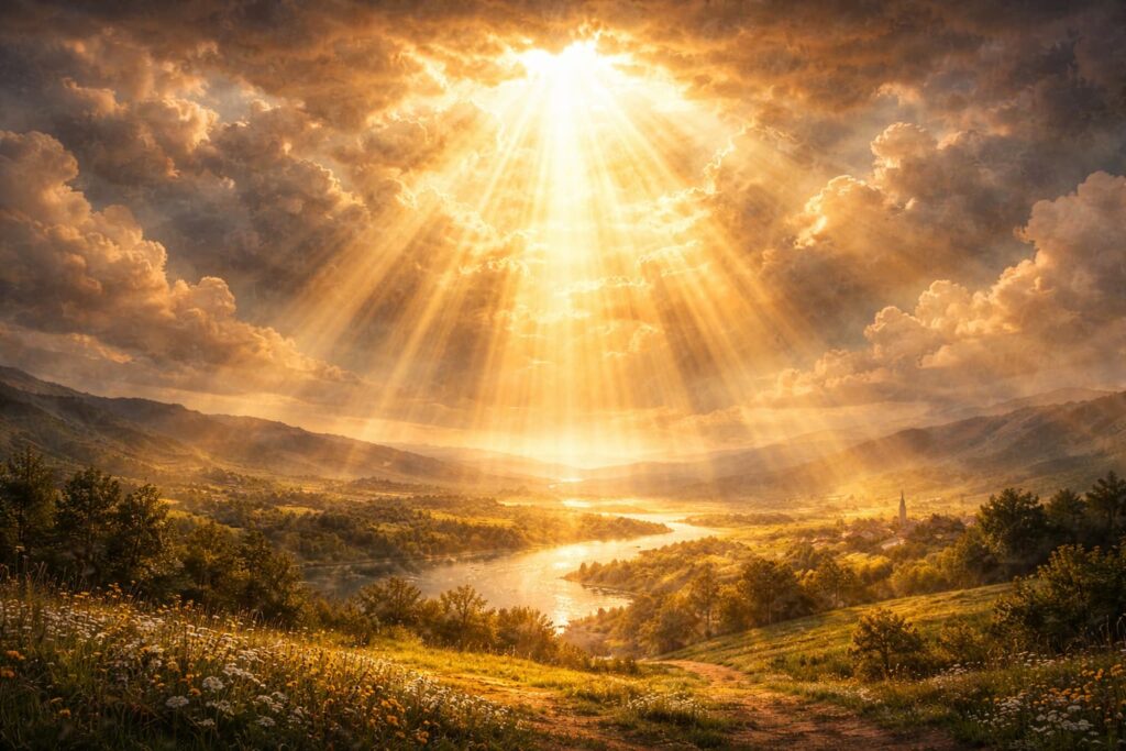 雲の切れ間から黄金の光が大地に降り注ぎ、希望と新しい夜明けを象徴する神聖な風景