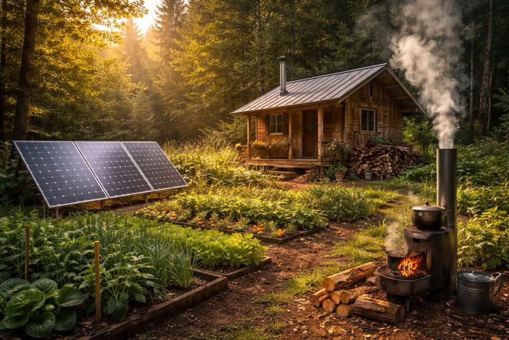 森の中の小屋とソーラーパネル、薪ストーブや家庭菜園がある自給自足のオフグリッド生活の風景