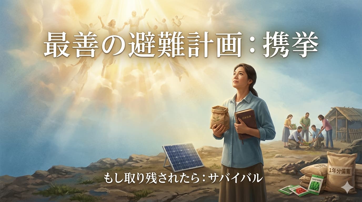天に引き上げられる人々（携挙）の光と、地上で聖書や備蓄品を持ち自給自足の準備をする女性。大患難時代を生き抜く備えと希望を表現したイラスト。