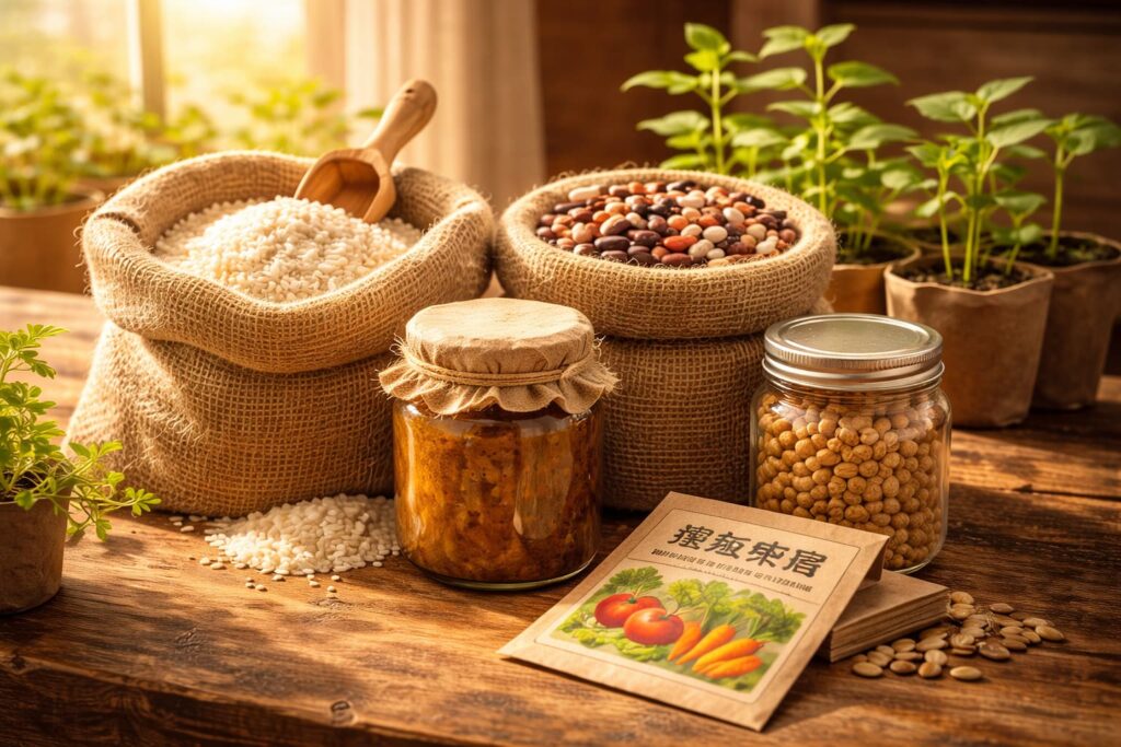 朝の光が差し込む木のテーブルに並べられた米や豆、味噌と野菜の種、苗木がある備蓄と自給の準備風景