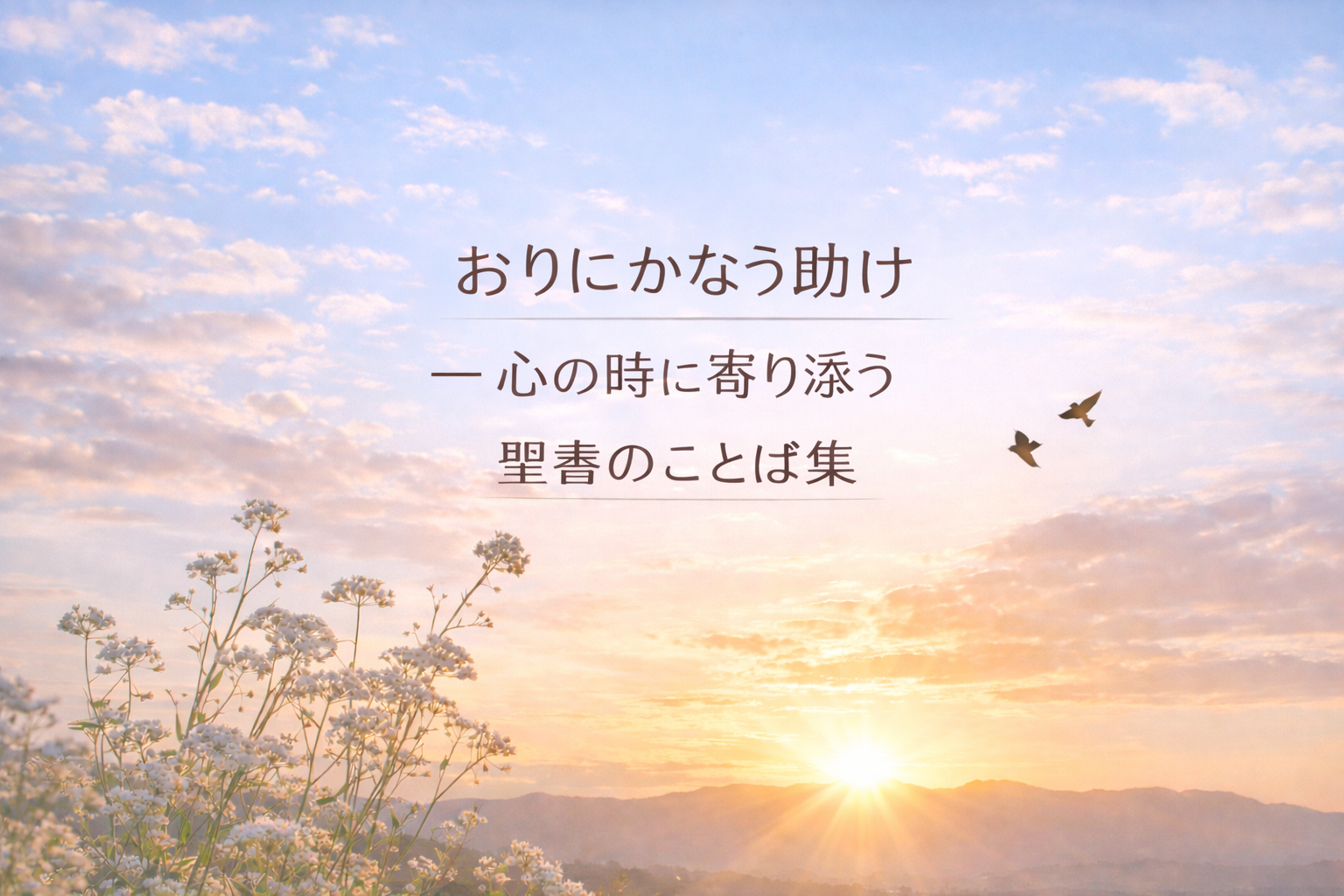 朝日が山の向こうから昇り、やさしい光に包まれる空と花々の風景に「おりにかなう助け ― 心の時に寄り添う聖書のことば集」と書かれた穏やかなイメージ